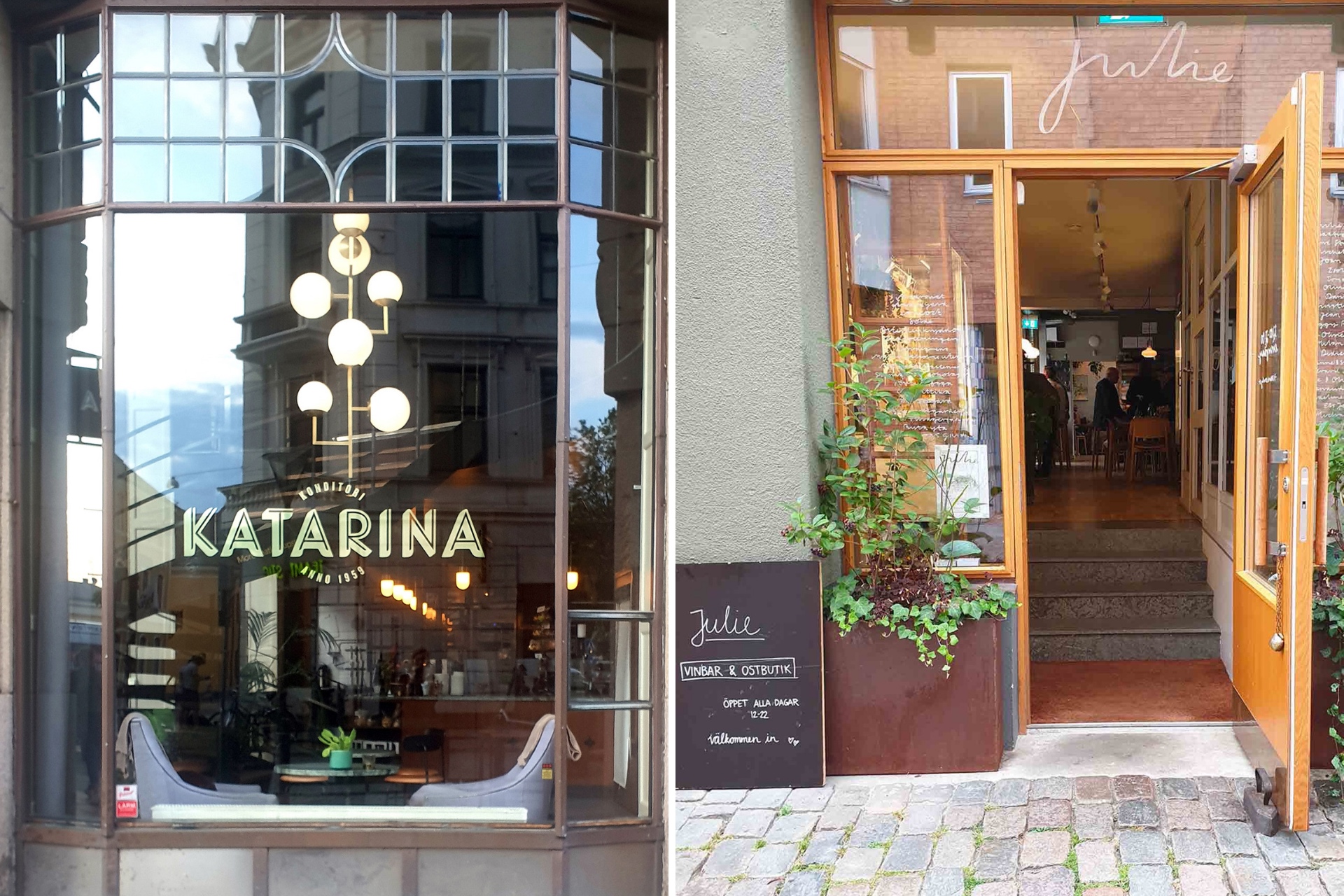 A sinistra una pasticceria storica a Malmo, a destra wine&food hotspot